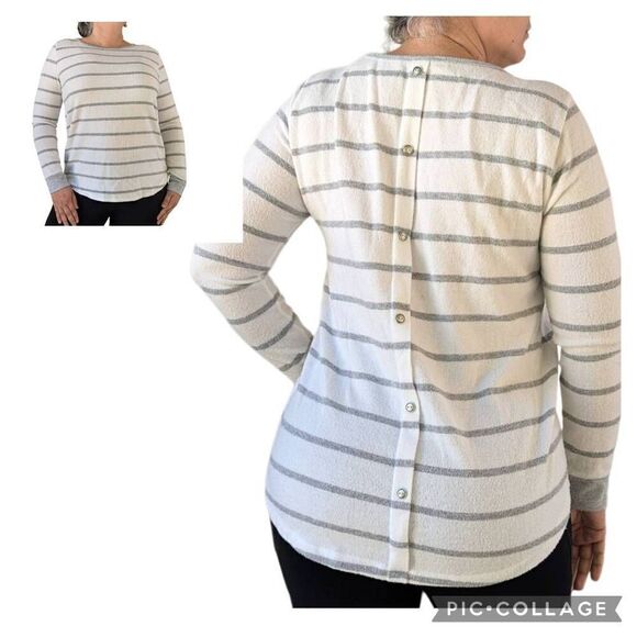 Pink Clover White Gray Striped Flannel Sweater Top Pullover Crew Neck Size L - Picture 1 of 9